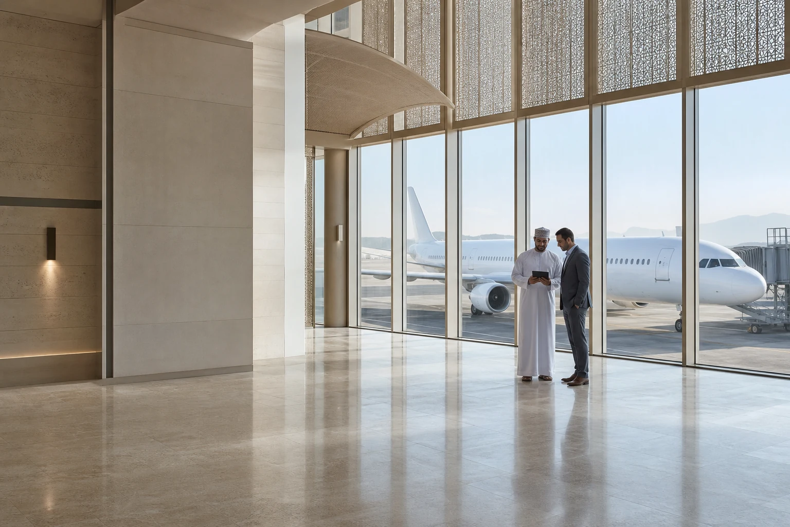 Illustrative scene of an Omani travel professional and a business traveller at an airport